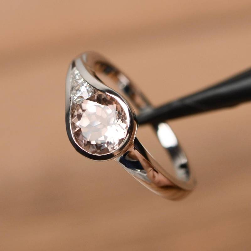 Silber Morganit Ring Rosa Verlobungsring Rund Geschnitten Edelstein Gefasster von PalmaryJewelry