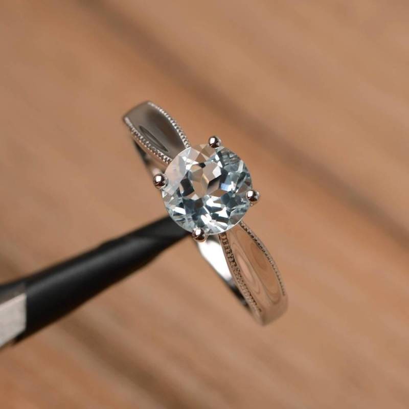Vintage Aquamarin Solitär Milgrain Verlobungsring Sterling Silber Rundschliff März Geburtsstein von PalmaryJewelry