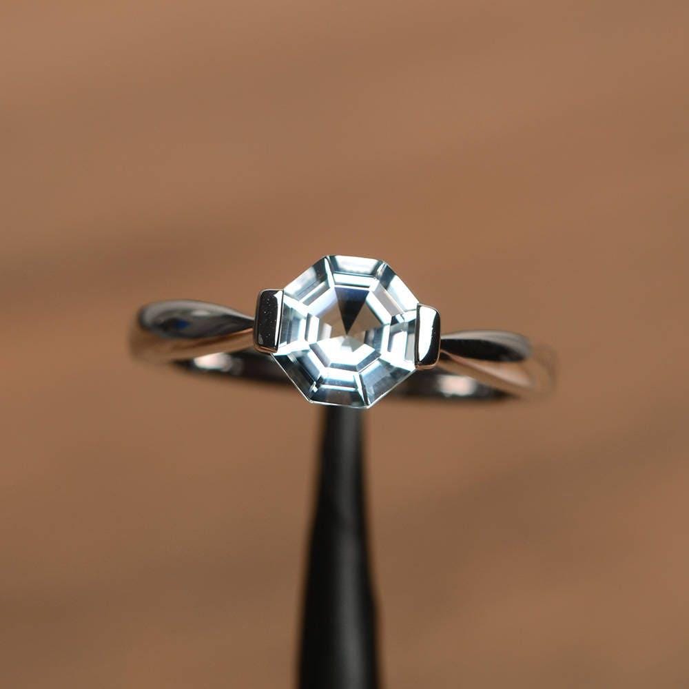 Vorschlag Ring Natürliche Aquamarin März Geburtsstein Achteckigen Geschnittenen Blauen Edelstein Sterlingsilber von PalmaryJewelry