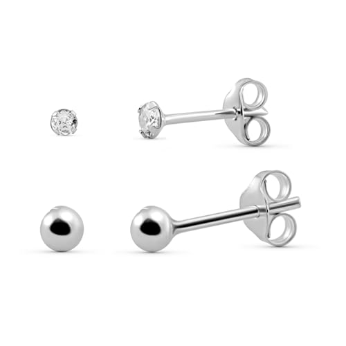 PALMERA Damen Ohrringe im Set – 2x RundeOhrringe aus Silber & 2x Ohrringe mit mini Zirkonia – Edle Schmuckschachtel inklusive – Sicherer Steckverschluss von Palmera