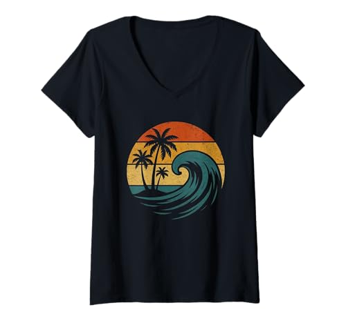 Damen Ready For The Island Urlaub Karibik Südsee Palmen Strand T-Shirt mit V-Ausschnitt von Palms Beach Dream Island Retro Vintage Distressed
