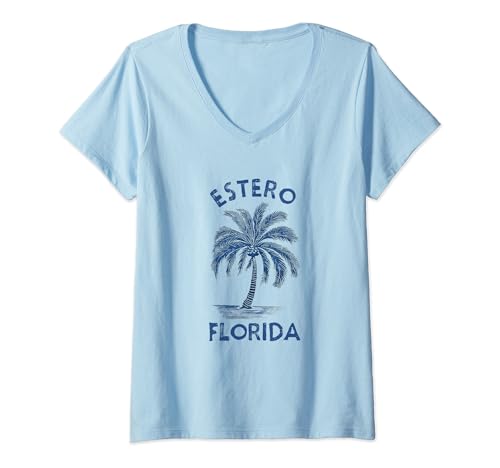Damen Vintage Estero Florida Palme FL Retro T-Shirt mit V-Ausschnitt von Palms Beach Vintage Apparel & Gifts