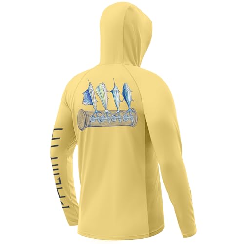 Palmyth Angel-Shirts für Herren, langärmelig, LSF 50+, Sonnenschutz, Angel-Kapuzenpullover mit UV-belüftetem Halstuch, Gelb / gezapft, XX-Large von Palmyth
