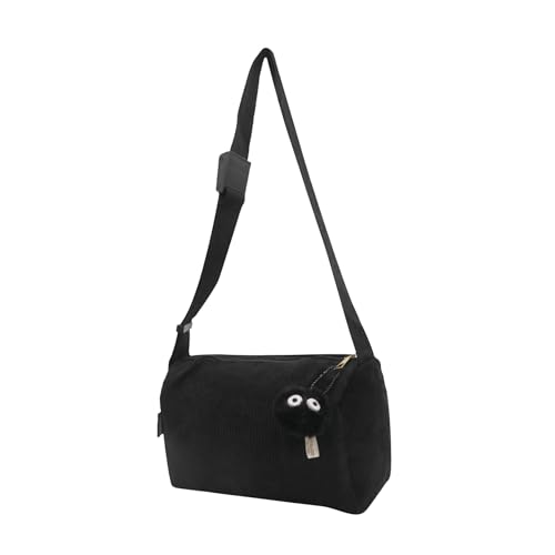 Corduroy Crossbody Bag für Damen, breiter Riemen, Cord, Hobo-Tasche, Unisex, Schultertasche, Sling Bucket Bag mit flauschigem Anhänger, Schwarz, Einheitsgröße von Pamayaneen
