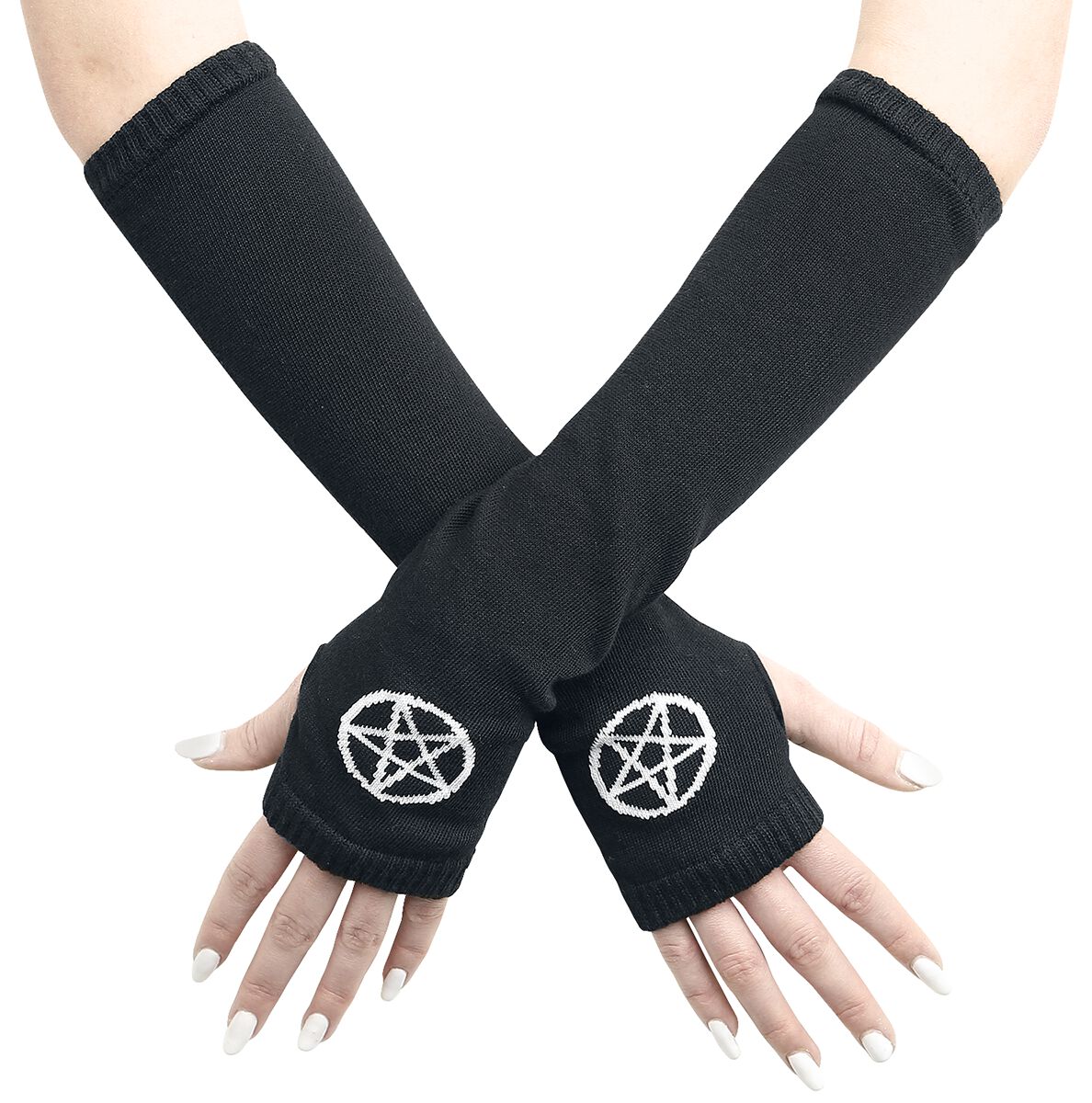 Pamela Mann - Gothic Stulpen - Pentagram Gloves - für Damen - schwarz/weiß von Pamela Mann