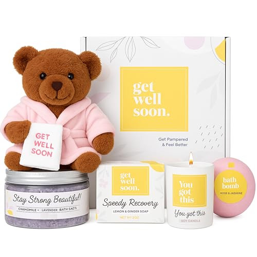 Get Well Soon Verwöhn-Geschenke für Frauen, Selbstpflege-Paket für sie, einzigartiges Geschenk für Sie, Wohlbefinden, 5 Stück Get Better Soon Verwöhnkorb mit Teddy für Frauen, beste Freundin von Pamper Belle