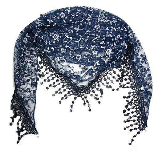 Pamper Yourself Now Blau mit weiße Blume prickelnde Spitze Dreieck Schal mit Spitzenrand (Blue with White Glittery Flower lace Triangle Scarf with lace Trim) von Pamper Yourself Now