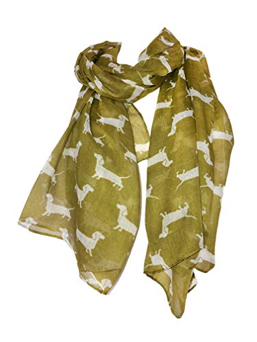 Pamper Yourself Now ltd Senf mit Weiß Dackel-Muster, Langer Schal, weiches Damenmode London (Mustard with White Dachshund Pattern Long Scarf, Soft Ladies Fashion London) von Pamper Yourself Now