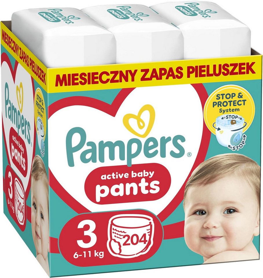 Pampers Windeln Pants Größe 3 (6–11 kg) – 204 Stück – Anti-Auslauf (204-St), mit Stop & Protect von Pampers