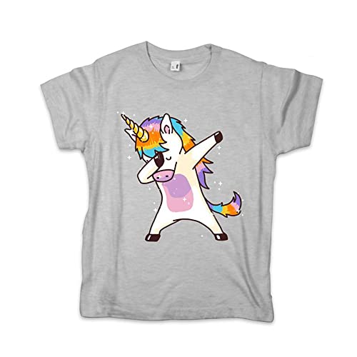 Pampling T-Shirt für Kinder mit kurzen Ärmeln, Unisex Kinderbekleidung mit originellen Mustern in 5 Größen, T-Shirt Grau, Modell Dabbing Unicorn von Pampling