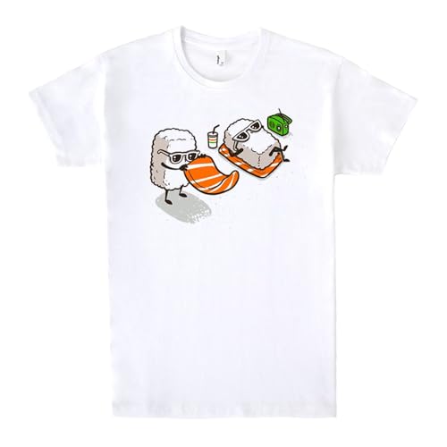 Pampling T-Shirt mit kurzen Ärmeln, aus 100% Baumwolle, Unisex Bekleidung mit originellen Motiven in 5 Größen, T-Shirt Weiß, Modell Summer Sushi (S) von Pampling
