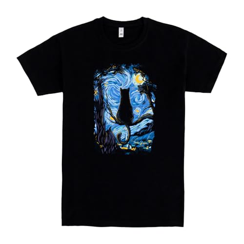 Pampling Kurzarm-T-Shirt, 100% Baumwolle, Unisex-Kleidung für Damen und Herren, Siebdruck mit Rundhalsausschnitt und geradem Schnitt, Farbe Schwarz (Cat Starry Night, S) von Pampling