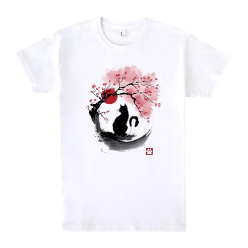 Pampling T-Shirt mit kurzen Ärmeln, aus 100% Baumwolle, Unisex Bekleidung mit originellen Motiven in 5 Größen, T-Shirt Weiß, Modell Sakura Cat Sumi-e (XL) von Pampling