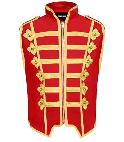 Pamposh Frauen Steampunk Husar Military Drummer Ärmellos Parade Jacken - Emo Punk Frauen Westen - Napoleon Gothic Kleidung - Marching Band Jacken, Rot und Gold, M von Pamposh