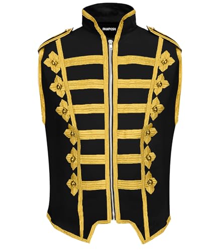Pamposh Frauen Steampunk Husar Military Drummer Ärmellos Parade Jacken - Emo Punk Frauen Westen - Napoleon Gothic Kleidung - Marching Band Jacken, schwarz / gold, XL von Pamposh
