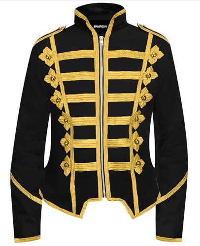 Pamposh Frauen Steampunk Husar Military Drummer Parade Jacken - Emo Punk Frauen Jacken - Napoleon Gothic Kleidung - Damen Marching Band Jacken, schwarz / gold, L von Pamposh