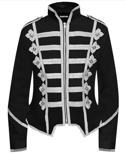 Pamposh Frauen Steampunk Husar Military Drummer Parade Jacken - Emo Punk Frauen Jacken - Napoleon Gothic Kleidung - Damen Marching Band Jacken, schwarz / weiß, XL von Pamposh