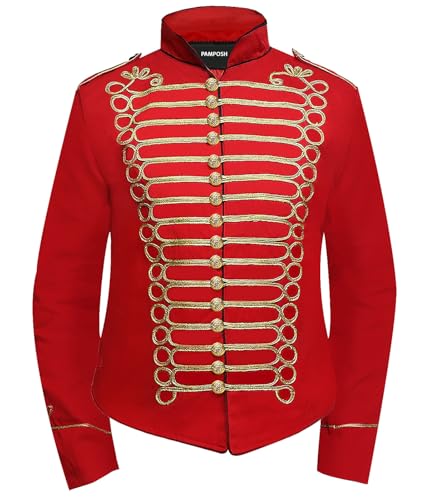 Pamposh Frauen Steampunk Husar Military Drummer Parade Jacken – Napoleon Gothic Kleidung – Damen Marching Band Jacken – Emo Punk Frauen Jacken, Rot und Gold, S von Pamposh