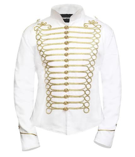 Pamposh Frauen Steampunk Husar Military Drummer Parade Jacken – Napoleon Gothic Kleidung – Damen Marching Band Jacken – Emo Punk Frauen Jacken, Weiß und goldfarben, XXL von Pamposh
