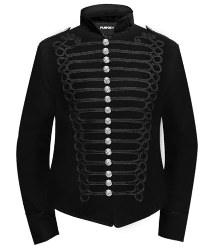 Pamposh Frauen Steampunk Husar Military Drummer Parade Jacken – Napoleon Gothic Kleidung – Damen Marching Band Jacken – Emo Punk Frauen Jacken, schwarz/schwarz, M von Pamposh