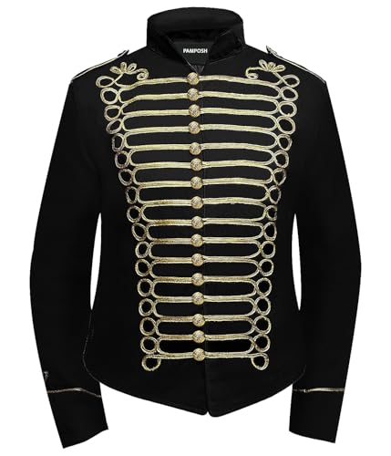 Pamposh Frauen Steampunk Husar Military Drummer Parade Jacken – Napoleon Gothic Kleidung – Damen Marching Band Jacken – Emo Punk Frauen Jacken, schwarz / gold, L von Pamposh
