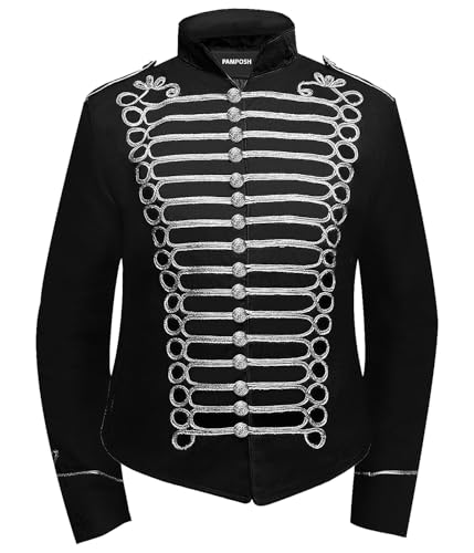 Pamposh Frauen Steampunk Husar Military Drummer Parade Jacken – Napoleon Gothic Kleidung – Damen Marching Band Jacken – Emo Punk Frauen Jacken, weiß / silber, XL von Pamposh