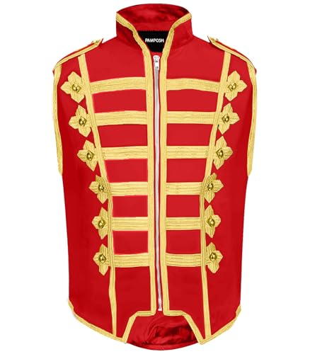 Pamposh Steampunk Husar Military Drummer ärmellose Paradejacken – Emo-Punk-Herrenjacken – Napoleon-Gothic-Kleidung – Marschband-Jacken, Rot und Gold, XL von Pamposh