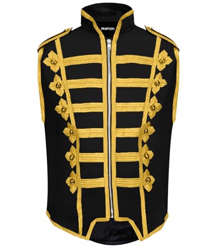 Pamposh Steampunk Husar Military Drummer ärmellose Paradejacken – Emo-Punk-Herrenjacken – Napoleon-Gothic-Kleidung – Marschband-Jacken, schwarz / gold, XXL von Pamposh