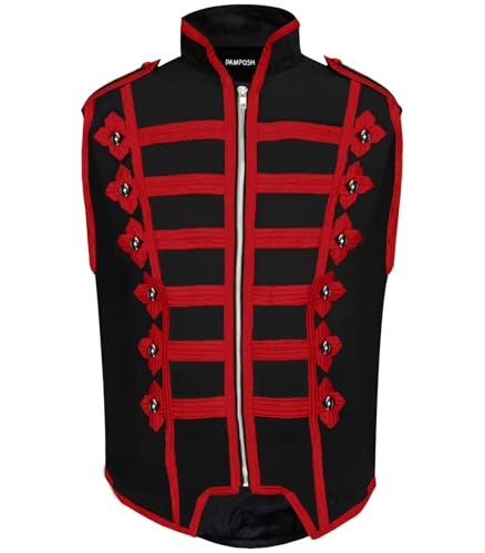 Pamposh Steampunk Husar Military Drummer ärmellose Paradejacken – Emo-Punk-Herrenjacken – Napoleon-Gothic-Kleidung – Marschband-Jacken, schwarz / rot, XXL von Pamposh