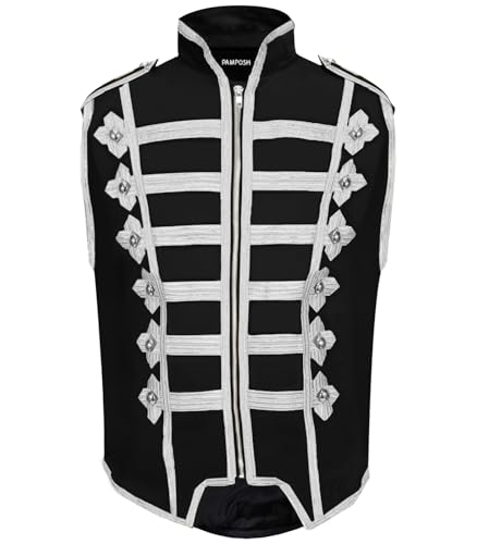Pamposh Steampunk Husar Military Drummer ärmellose Paradejacken – Emo-Punk-Herrenjacken – Napoleon-Gothic-Kleidung – Marschband-Jacken, schwarz / weiß, M von Pamposh