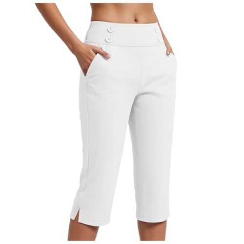 Pamqsen 3/4 Hose Damen Elegante Caprihose für Damen Hohe Taille Stretch Golf-Caprihose für den Sommer Golfhose mit Taschen Bauchkontrolle Yogahose Arbeit Freizeit Weiß L von Pamqsen