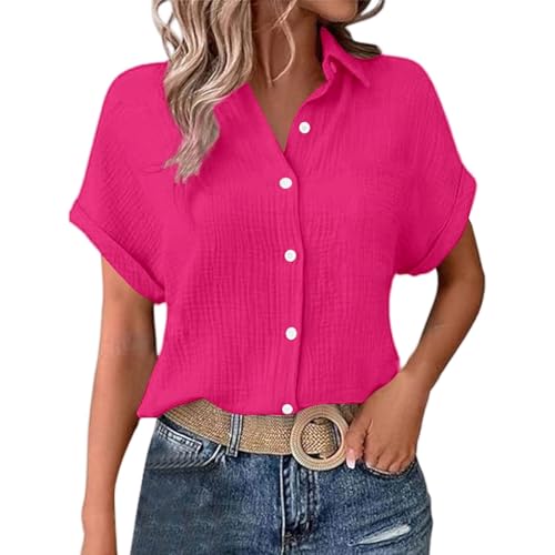 Pamqsen Angebote des Tages Heute Blitzangebote Musselin Bluse Damen Shirts Bluse Elegant Tunics Sommer Tshirt Kurzarm Leinen Knopf Blusen Lange Oversized T-Shirt Casual für Leggings von Pamqsen
