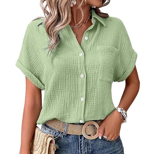 Pamqsen Angebote des Tages Heute Blitzangebote Musselin Bluse DamenLeinenbluse DamenSommer Button-Down Leinenhemd Oberteile Oversized V Ausschnitt Leinenbluse Bluse Große Größen Leinen Kleidung Hemd von Pamqsen