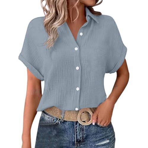 Pamqsen Angebote des Tages Heute Blitzangebote Musselin Bluse DamenLeinenbluse DamenSommer Button-Down Leinenhemd Oberteile Oversized V Ausschnitt Leinenbluse Bluse Große Größen Leinen Kleidung Hemd von Pamqsen