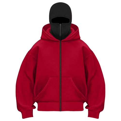 Pamqsen Balaclava Hoodie Zippe Double Hooded Zip Jacket Built-In Eye Mask Full Zip Hooded Sweatshirt Unisex für Outdoor （Rot,M） von Pamqsen
