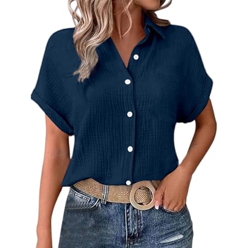 Pamqsen Blitzangebote des Tages Musselin Bluse Damen Shirts Bluse Elegant Tunics Sommer Tshirt Kurzarm Leinen Knopf Blusen Lange Oversized T-Shirt Casual für Leggings von Pamqsen