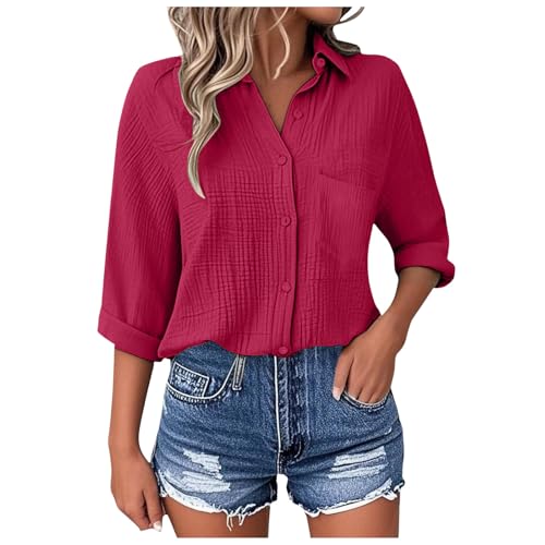 Pamqsen Bluse Damen Sommer Oversized Leinenbluse Musselin Hemd Bluse Tuniken Oberteile Kurzarm Longbluse Hemdbluse Freizeit Tshirt Teenager Mädchen Frauen Blusen & Tuniken von Pamqsen
