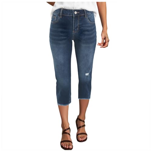Pamqsen Capri Jeans Damen Sommer Stretch Damenjeans 3/4 Länge High Waist Skinny Jeanshose Dreiviertel Stretchjeans Schmal Geschnittene Denim Hose Sommerjeans Mit Taschen Frayed Raw Hem Denimhose von Pamqsen