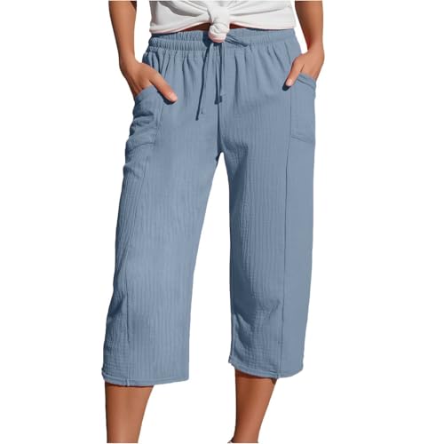 Pamqsen Caprihose Damen Sommer Stretch Leinenhose Damen Sommer 3/4 Musselin Hose Leicht Loose Sommerhose Bequeme Elastische Stoffhose Locker Freizeit Strandhose Jogginghose Mit Taschen Himmelblau L von Pamqsen