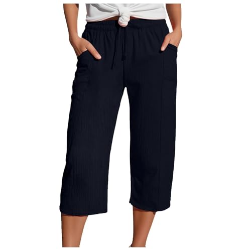 Pamqsen Caprihose Damen Sommer Stretch Leinenhose Damen Sommer 3/4 Musselin Hose Leicht Loose Sommerhose Bequeme Elastische Stoffhose Locker Freizeit Strandhose Jogginghose Mit Taschen Marine XL von Pamqsen