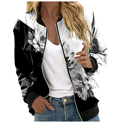 Pamqsen Damen Bomberjacke Sommer Bomberjacke Damen Blumenmuster Leichte Sommerjacke Frühlingsjacke Sommer Reißverschluss Kurz Pilotenjacke Blouson Jacke Dünne Langarm Übergangsjacke College Jacke von Pamqsen