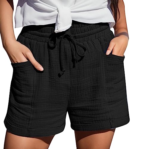 Pamqsen Damen Kurze Hose Sommer Mode Lässige Musselin Shorts mit Taschen Sport Laufhose Kordelzug Stretch Weite Stoffhose Freizeit Sportshorts Schwarz L von Pamqsen