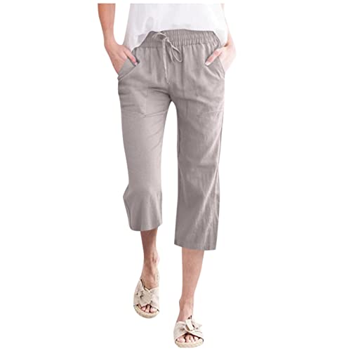 Pamqsen Damen Leinenhose Leinenhose Damen Sommer 3/4 Musselin Hose Leicht Loose Sommerhose Bequeme Elastische Stoffhose Locker Caprihose Freizeit Strandhose Jogginghose mit Taschen und Kordelzug von Pamqsen