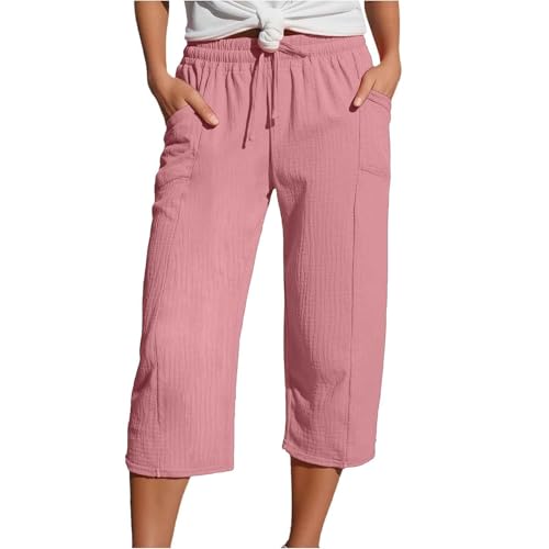 Pamqsen Damen Leinenhose Sommer Leinenhose Damen 3/4 Leicht Sommerhose Stoffhose Freizeithose Strandhose Einfarbig Locker Bequeme Chino Musselin Hose mit von Pamqsen