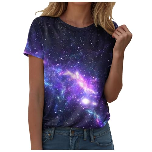 Pamqsen Damen Tshirt Galaxie Drucken Bluse Kurzarm Rundhalsausschnitt T-Shirt Locker Frauen Oberteile Sommer Alltag Crop Top Sport T-Shirts Teenager Mädchen Kleidung Y2k Sommerkleidung Damen von Pamqsen