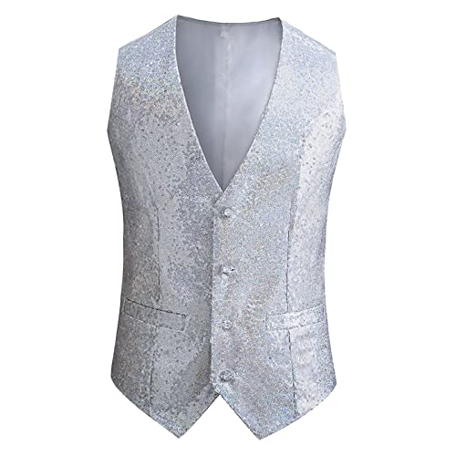 Pamqsen Deals of The Day Herren Slim Fit Pailletten Weste V-Ausschnitt Glänzende Pailletten-Anzugweste Partykleid Stilvolle Weste Männer Einfarbig Glitzer-Weste mit Fliege für Party Clubwear Disco von Pamqsen