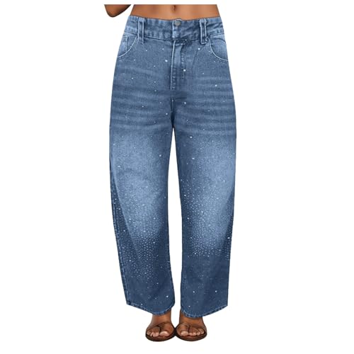 Pamqsen Glitzer Baggy Jeans Damen Low-Waist Weite Beine Baggy Jeanshosen mit Strass Casual Harem Jeans Gerader Beine Lockere Denimhose von Pamqsen
