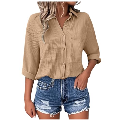 Pamqsen Hemdbluse Damen Sommer Musselin Hemd Bluse Elegant Tuniken Sommer Oberteile Kurzarm Longbluse Oversized Hemdbluse Freizeit Tshirt Teenager Mädchen Frauen von Pamqsen