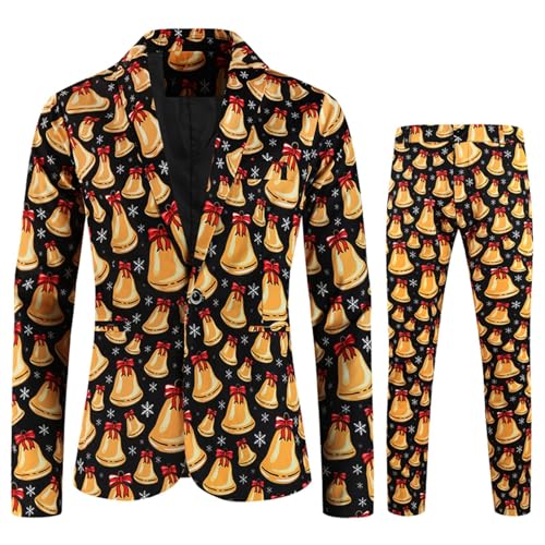 Pamqsen Herren Lustige Weihnachtsanzüge Herren Weihnachten Party Kostüm Festliche Anzug Weihnachtsanzug für Herren Mit All Print Anzug Und Hose 2 Teilig Elch Lustig 3D Slim Fit Herrenanzug Set von Pamqsen