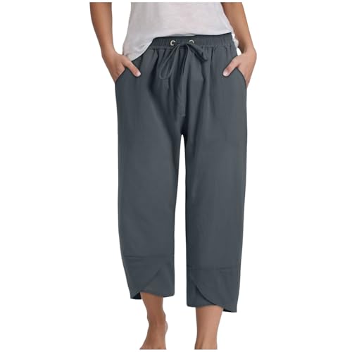 Pamqsen Kurze Hose Damen Sommer Damen Leinen mittellange Hose mit verstellbarem Kordelzug an Taille und Taschen Rollsaum lässige Outdoor-ShortsBaumwolle Leinen Knielange Shorts Freizeit Bermuda Kurze von Pamqsen